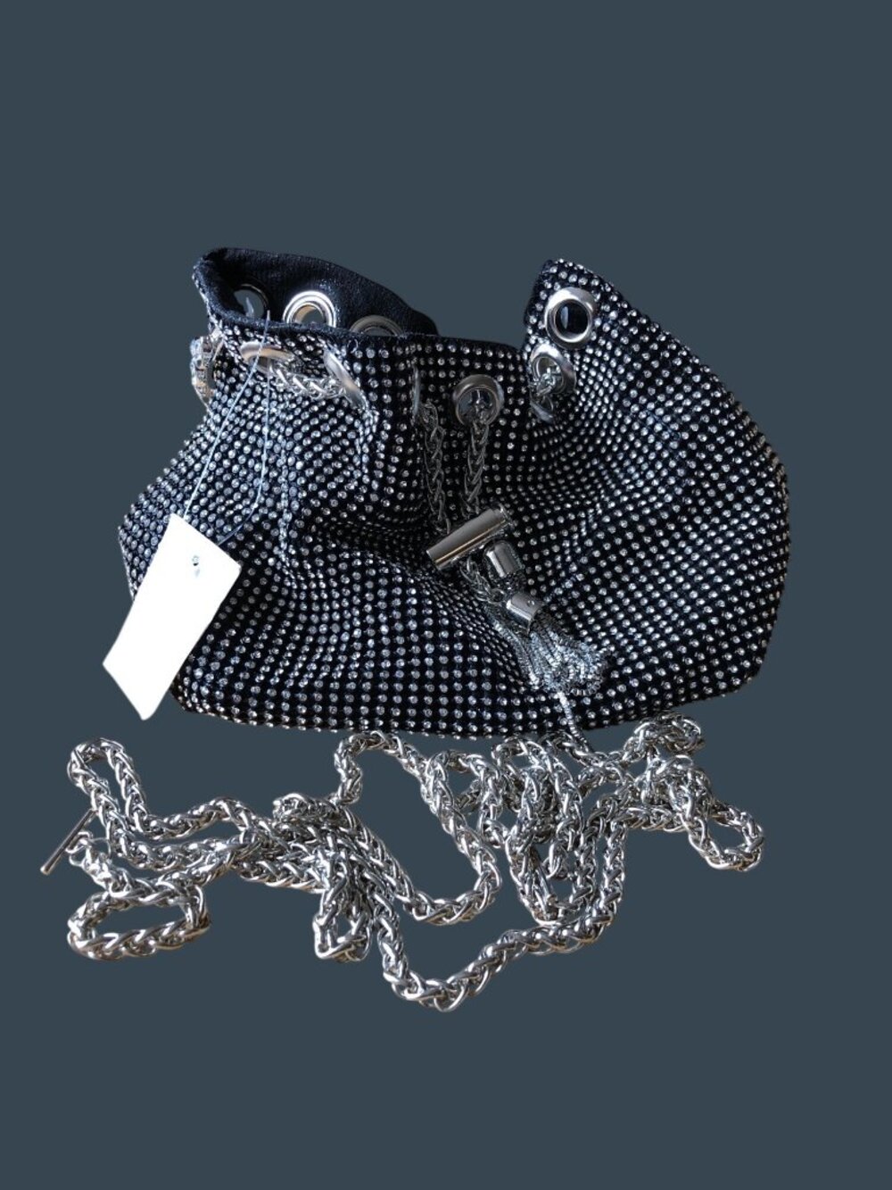 Black Rhinestone Bucket Bag Chain Handle Crossbody Strap Evening Formal Purse - Picture 7 of 11